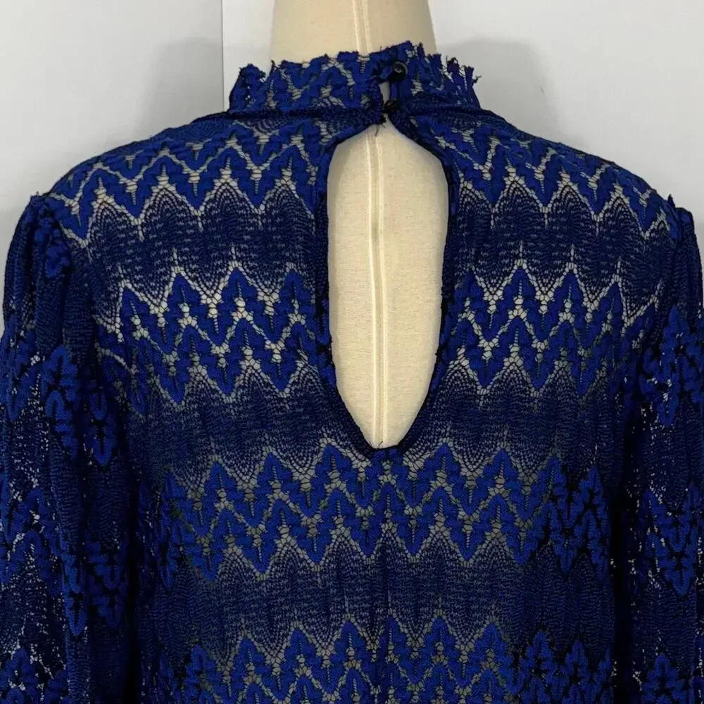 Free People Simone Lace Mini Dress Long Sleeve Zig Zag Cobalt Blue L No Slip